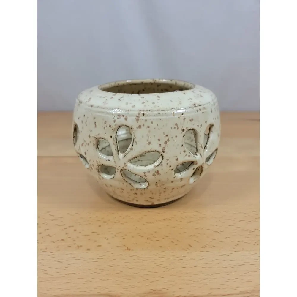 Art Pottery Candle Holder Luminary Flowers Speckled Brown Handmade Signed